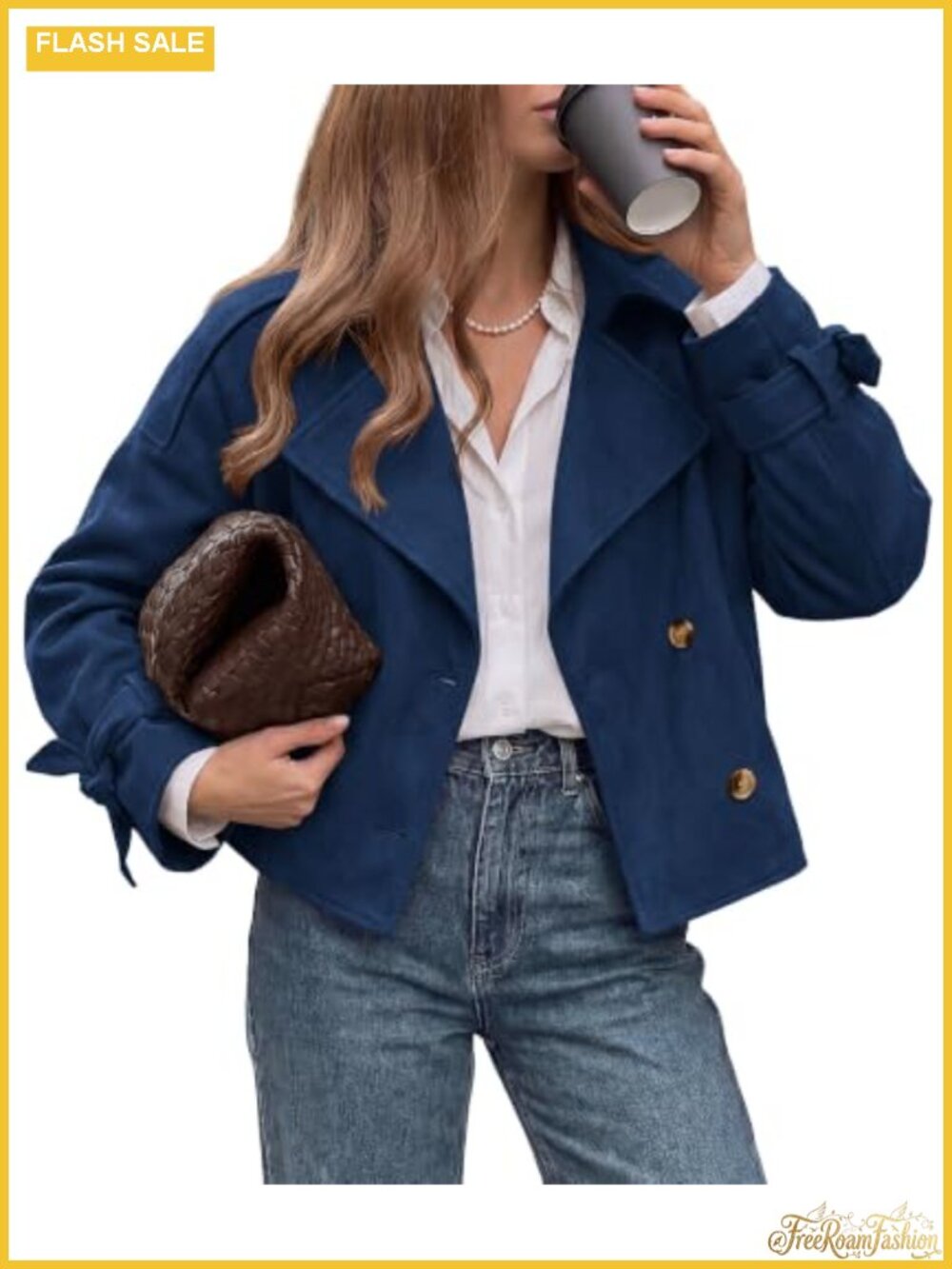 Faux Suede Double Breasted Cropped Trench Coat Women Fall Winter Jacket